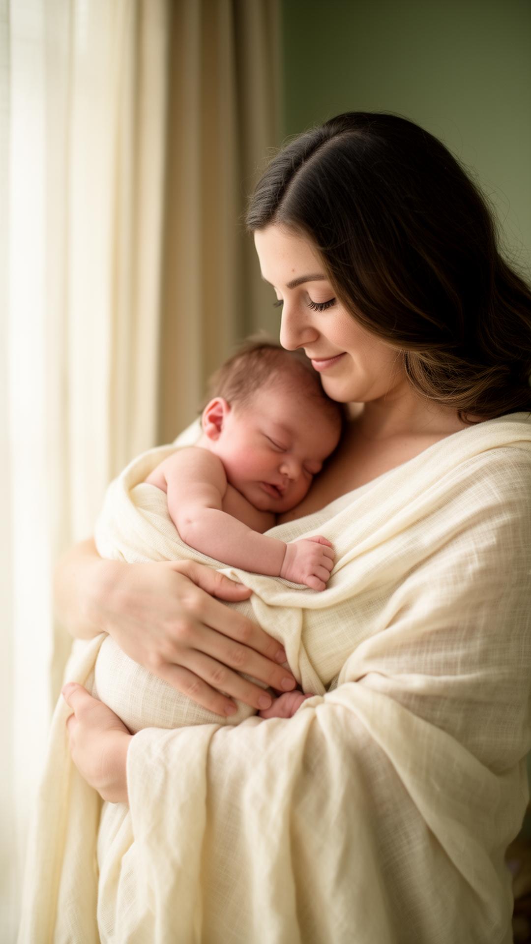 Mother holding her newborn wrapped in cream linen