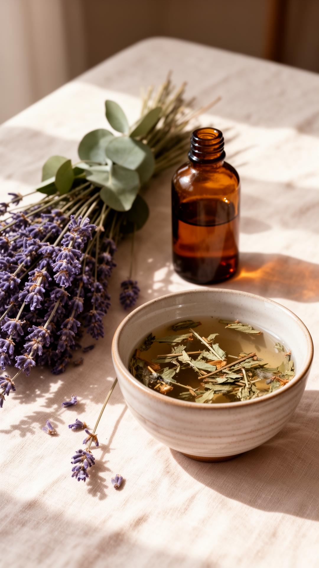 Lavender, eucalyptus and an amber tincture bottle on cream linen