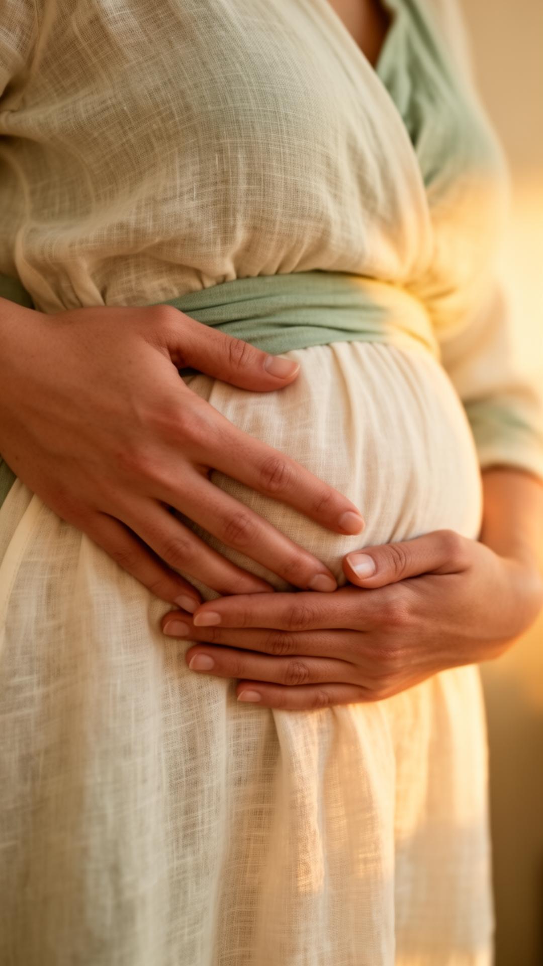 Doula hands supporting a pregnant belly wrapped in sage linen